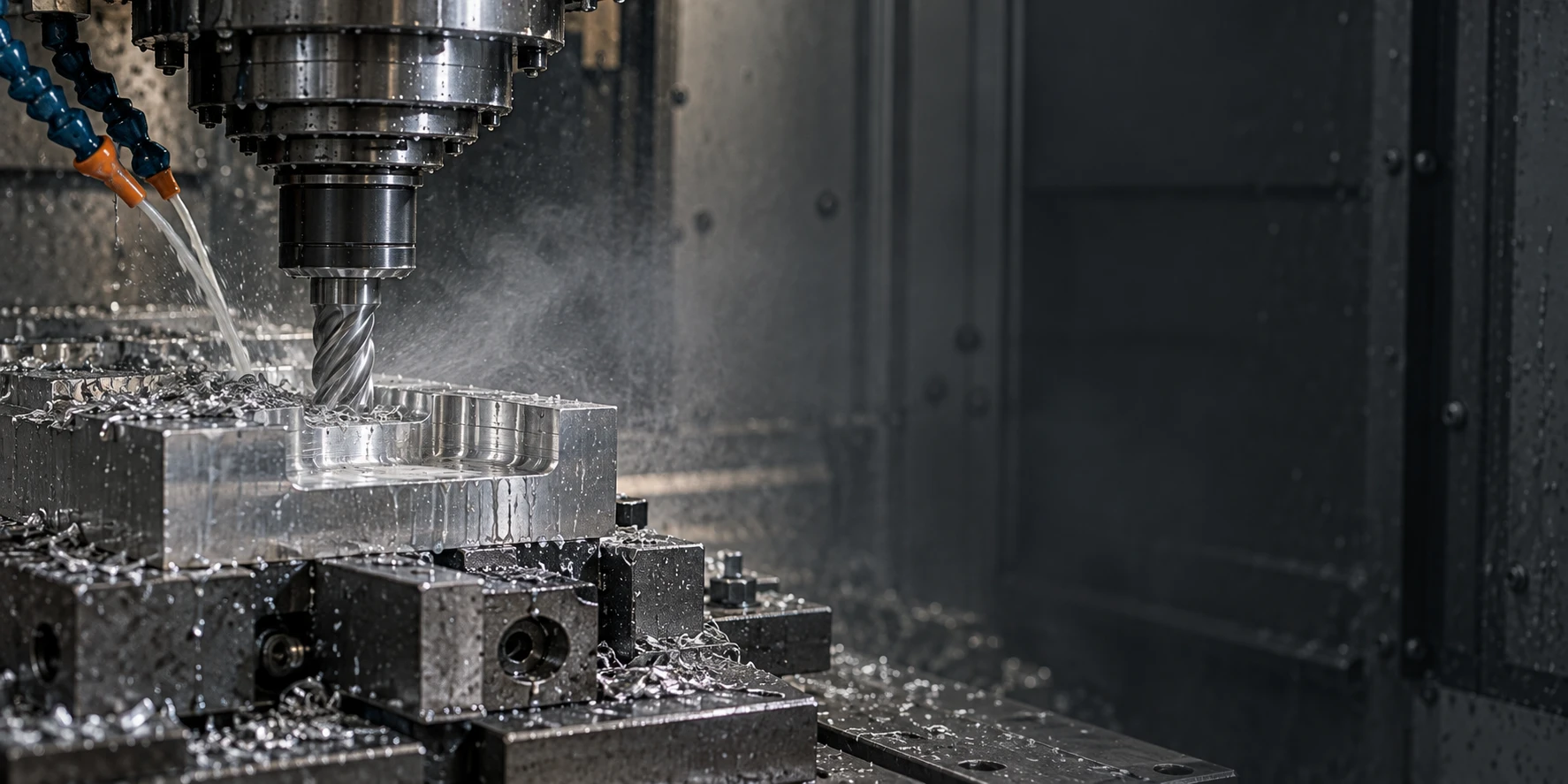 A CNC spindle machining a pocket into a clamped aluminum block, coolant spraying.