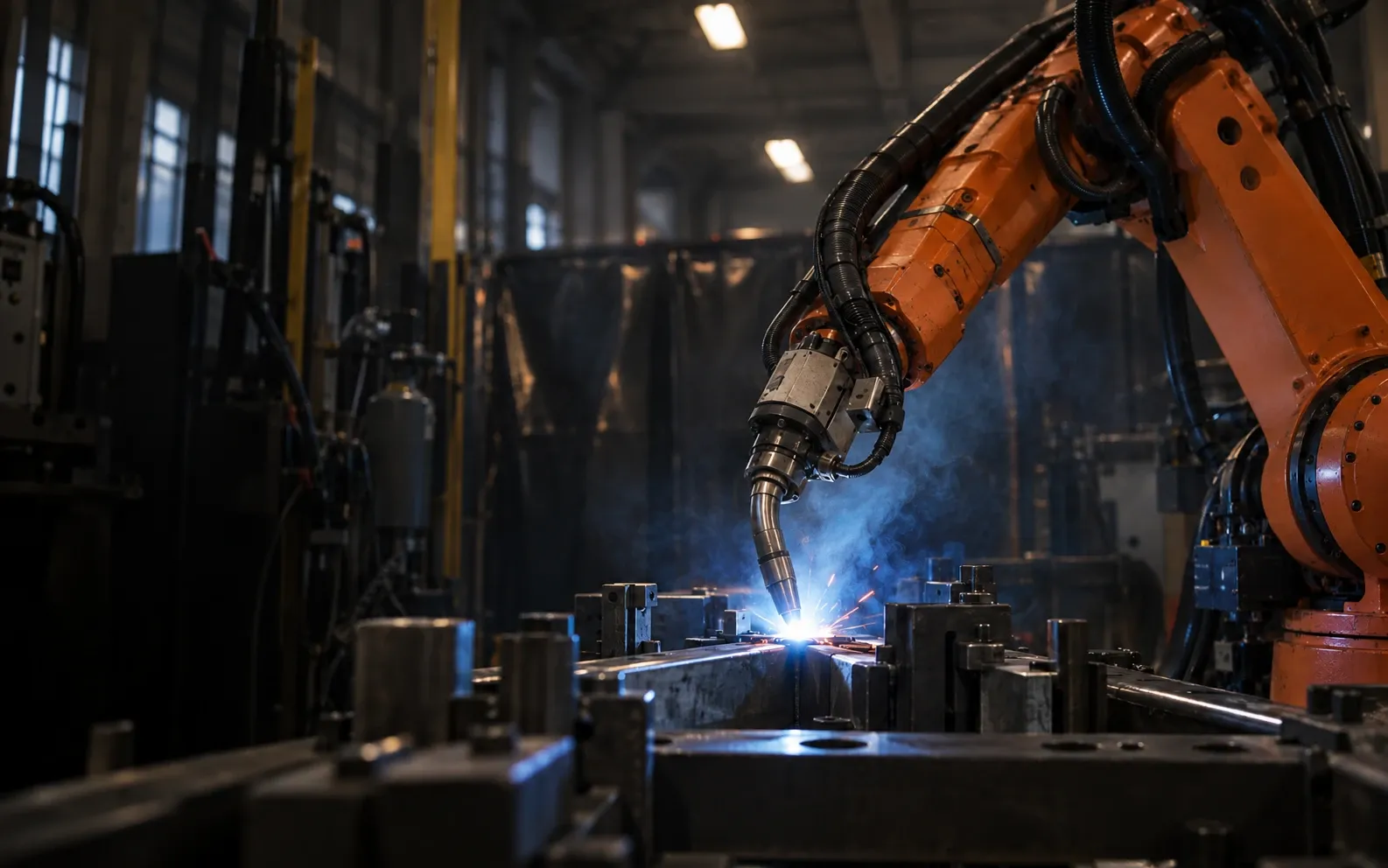 A robotic welding arm laying a bead on a steel fixture in a dark fabrication shop.